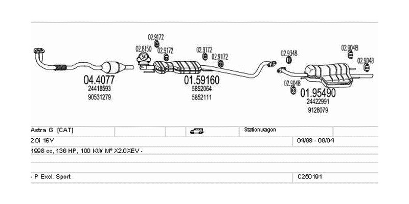 Výfukový systém OPEL Astra G 2.0 1998ccm 100kw Stationwagon