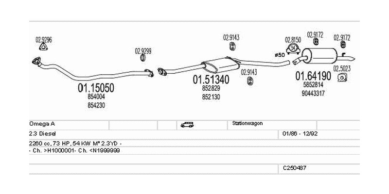 Výfukový systém OPEL Omega A 2.3 2260ccm 54kw Stationwagon
