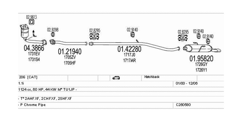 Výfukový systém PEUGEOT 206 1.1 1124ccm 44kw Hatchback