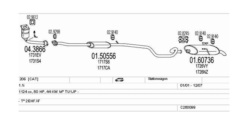 Výfukový systém PEUGEOT 206 1.1 1124ccm 44kw Stationwagon