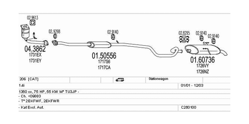 Výfukový systém PEUGEOT 206 1.4 1360ccm 55kw Stationwagon