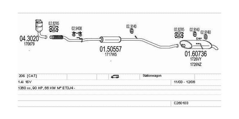 Výfukový systém PEUGEOT 206 1.4 1360ccm 66kw Stationwagon