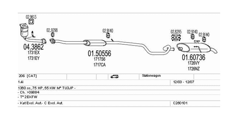 Výfukový systém PEUGEOT 206 1.4 1360ccm 55kw Stationwagon