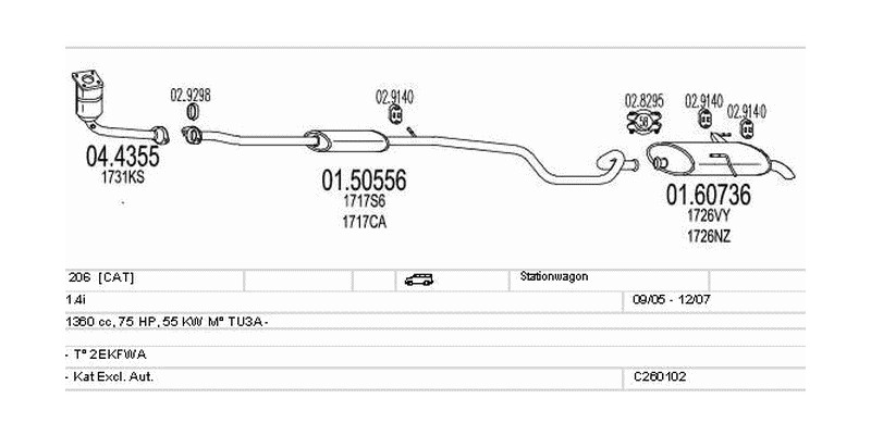 Výfukový systém PEUGEOT 206 1.4 1360ccm 55kw Stationwagon