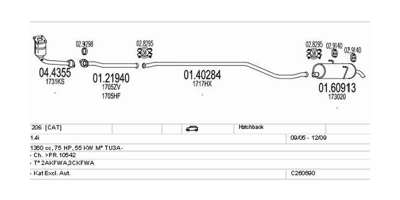 Výfukový systém PEUGEOT 206 1.4 1360ccm 55kw Hatchback