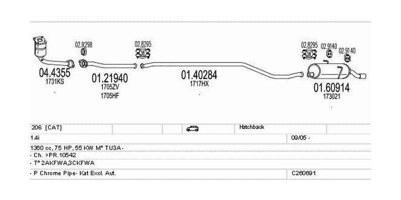Výfukový systém PEUGEOT 206 1.4 1360ccm 55kw Hatchback