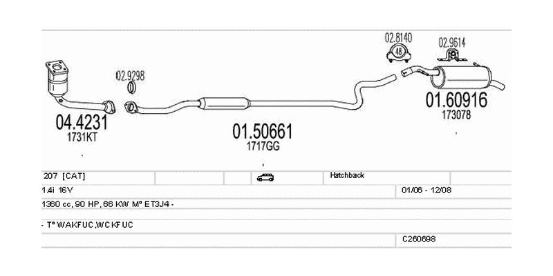 Výfukový systém PEUGEOT 207 1.4 1360ccm 66kw Hatchback