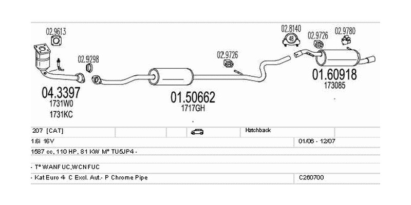 Výfukový systém PEUGEOT 207 1.6 1587ccm 81kw Hatchback