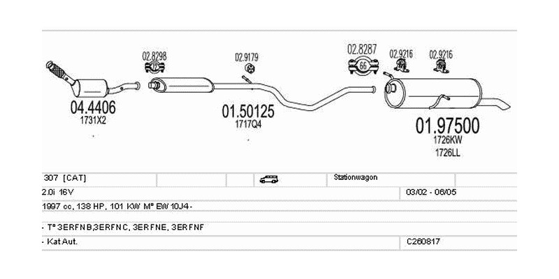 Výfukový systém PEUGEOT 307 2.0 1997ccm 101kw Stationwagon