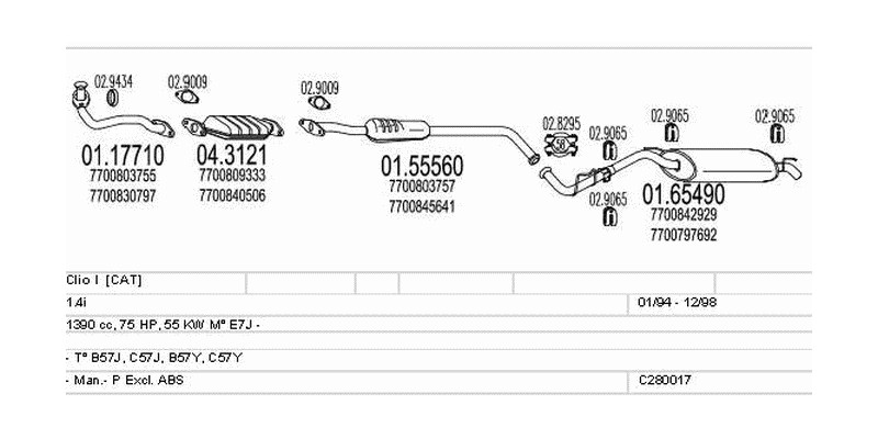 Výfukový systém RENAULT Clio I 1.4 1390ccm 55kw