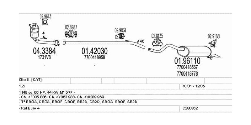 Výfukový systém RENAULT Clio II 1.2 1149ccm 44kw