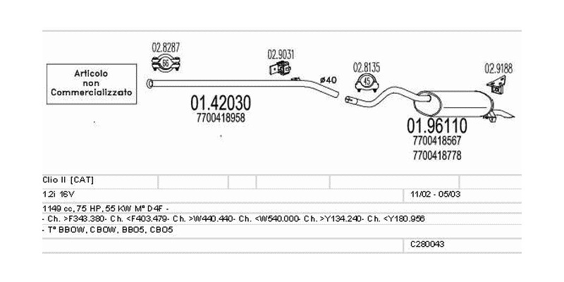 Výfukový systém RENAULT Clio II 1.2 1149ccm 55kw