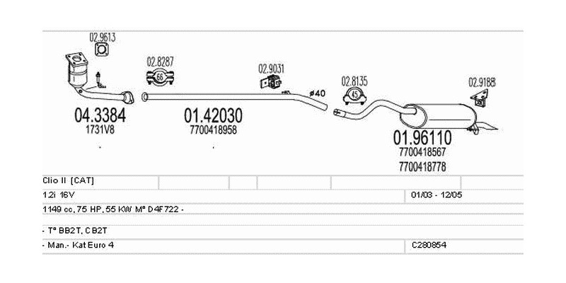 Výfukový systém RENAULT Clio II 1.2 1149ccm 55kw