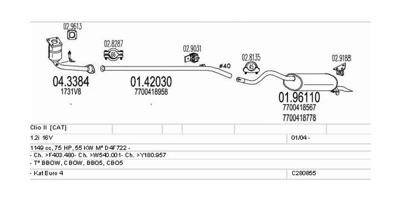 Výfukový systém RENAULT Clio II 1.2 1149ccm 55kw