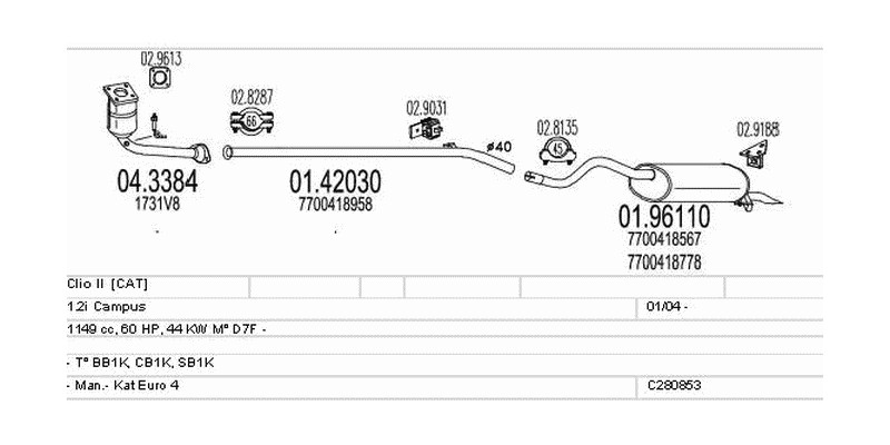 Výfukový systém RENAULT Clio II 1.2 1149ccm 44kw