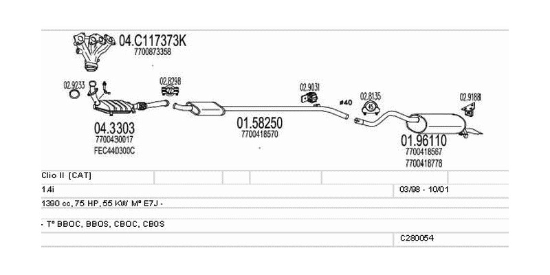 Výfukový systém RENAULT Clio II 1.4 1390ccm 55kw