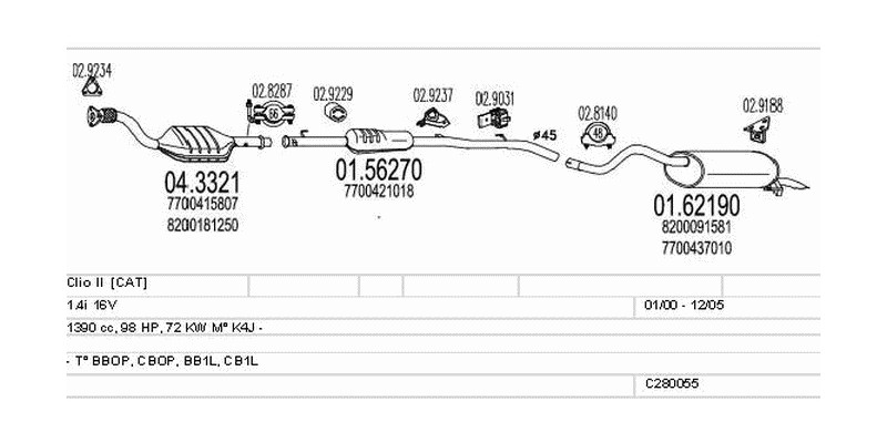 Výfukový systém RENAULT Clio II 1.4 1390ccm 72kw