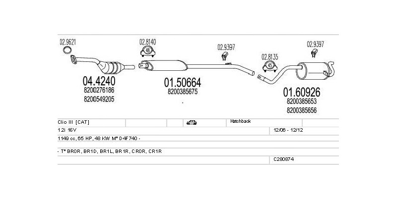 Výfukový systém RENAULT Clio III 1.2 1149ccm 48kw Hatchback