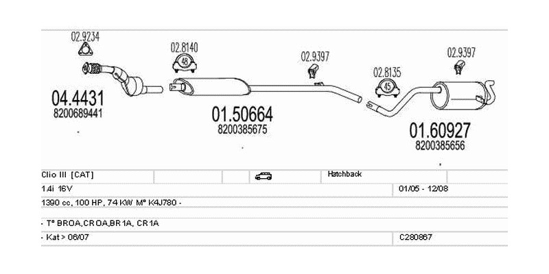 Výfukový systém RENAULT Clio III 1.4 1390ccm 74kw Hatchback