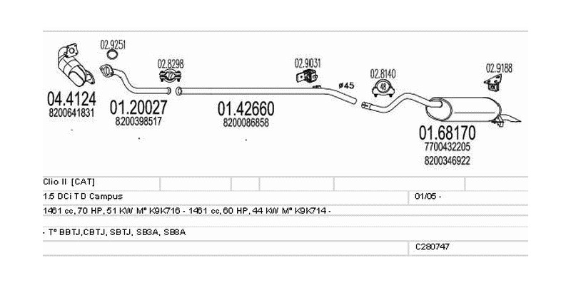 Výfukový systém RENAULT Clio II 1.5 1461ccm 51kw