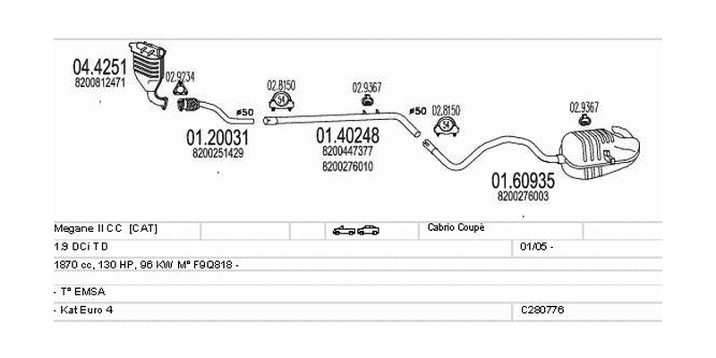 Výfukový systém RENAULT Megane II CC 1.9 1870ccm 96kw Cabrio Coupé