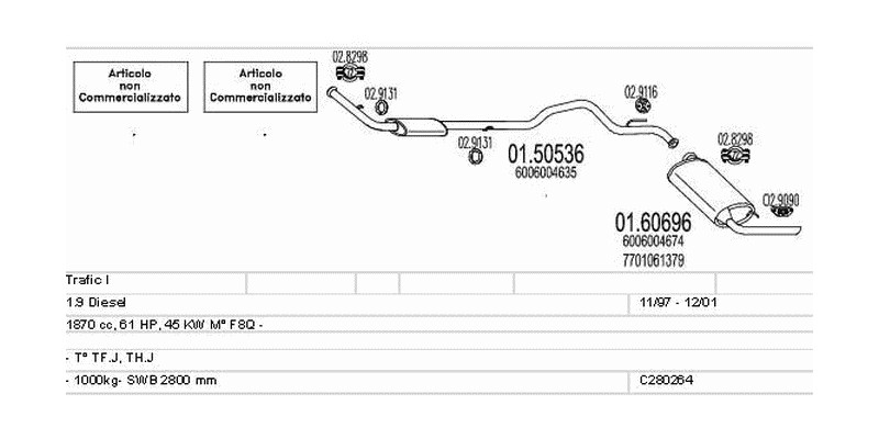 Výfukový systém RENAULT Trafic I 1.9 1870ccm 45kw Van