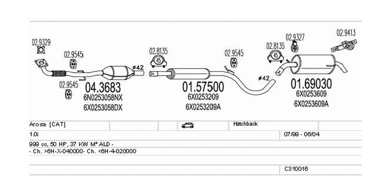 Výfukový systém SEAT Arosa 1.0 999ccm 37kw Hatchback