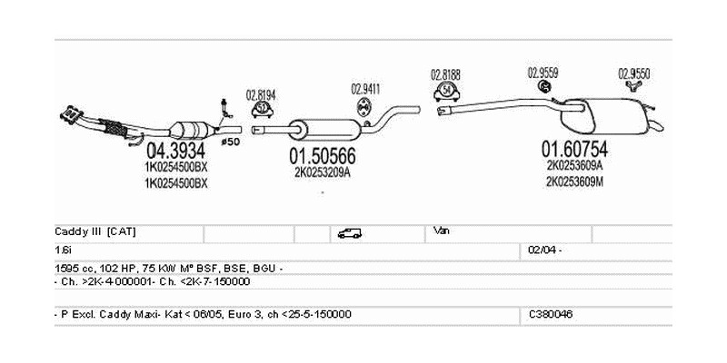 Výfukový systém VOLKSWAGEN Caddy III 1.6 1595ccm 75kw Van