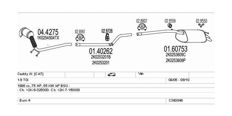 Výfukový systém VOLKSWAGEN Caddy III 1.9 1896ccm 55kw Van