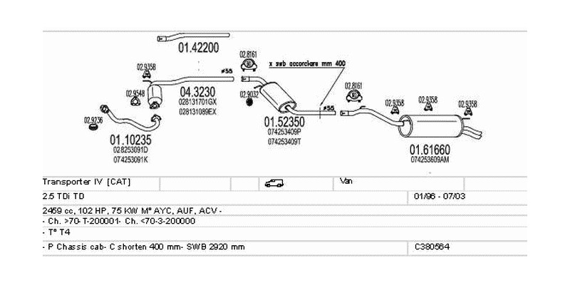 Výfukový systém VOLKSWAGEN Transporter IV 2.5 2461ccm 75kw Van